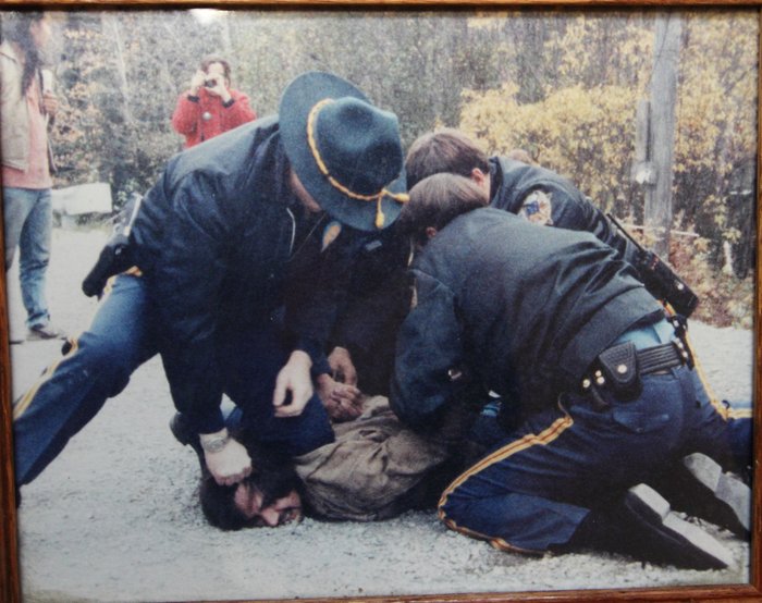 Chief Gary Harrison of the Chickaloon Tribe is arrested while fighting coal exploration near Chickaloon in the early 90s.