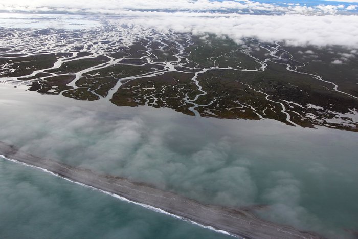 A thin barrier spit sits offshore of the Kongakut Delta in then Alaska National Wildlife Refuge.