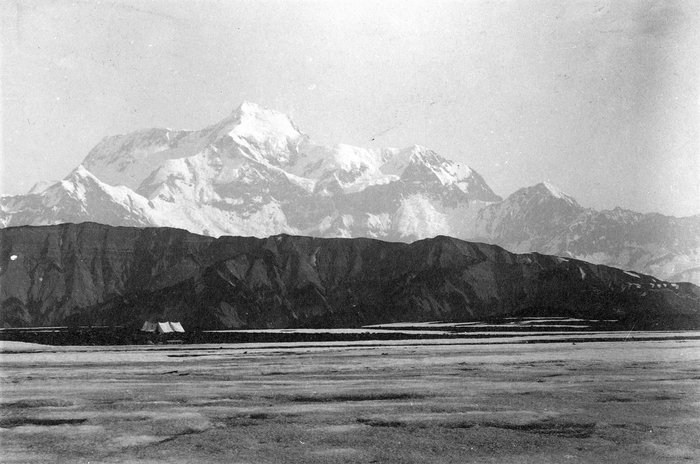 This photo was taken by the Russell Expedition in 1891.  In the foreground is the Chaix Hills, and Mt. St. Elias rises in the distance.