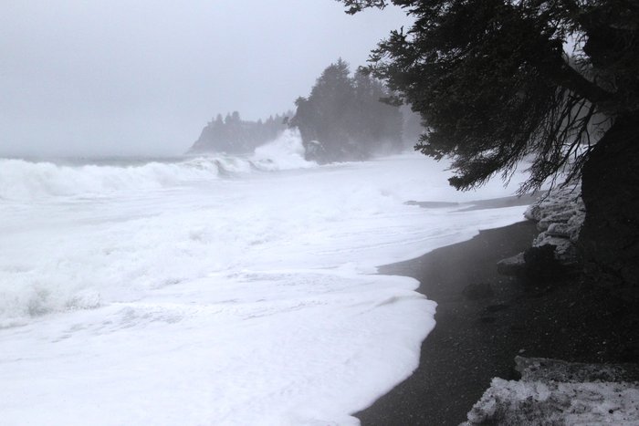 Big waves crash onto Seldovia's Outside Beach.