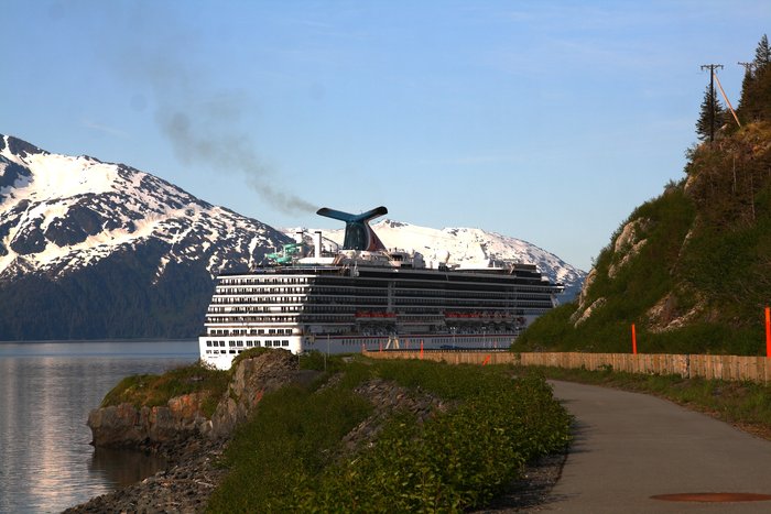 Smoke trails from the Carnival Spirit cruise ship parked in Whittier, Alaska.