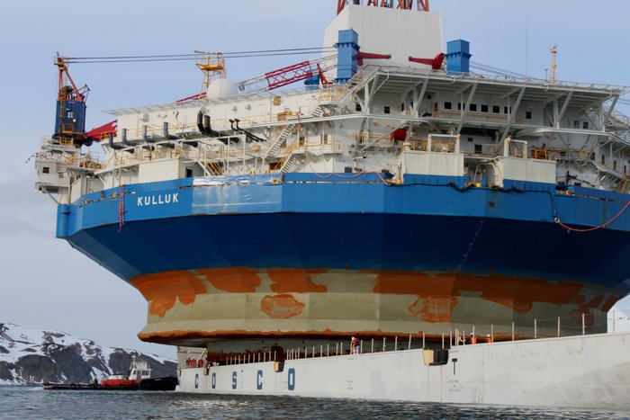 Damage from the Kulluk's grounding near Kodiak is visible now that its loaded on board transport ship Xiang Rui Kou in Dutch Harbor.