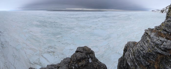 During the winter, you can tell where there's open water even if it's over the horizon because the sky is darker.  In this view from a cliff you can see the effect - dark sky over the water, bright sky over the snowy ice.