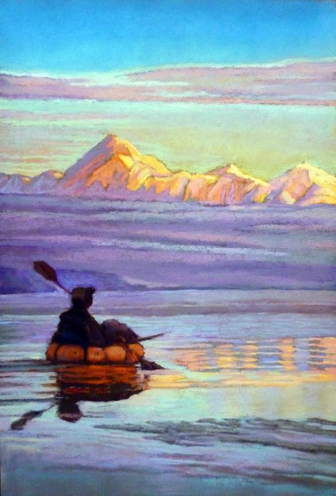 A painting by <a href="http://www.terisloat.com/">Teri Sloat</a>, based on a <a href="http://www.groundtruthtrekking.org/photo/packrafting-the-copper-river-delta/">photo</a> Hig took of Erin in 2007 on the Copper River delta.