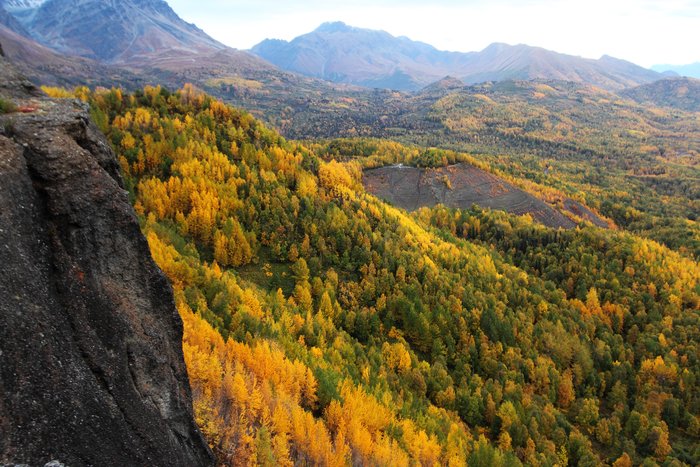 Fall colors decorate the north side of the Matanuska Valley, as seen from the peak of Wishbone Hill.