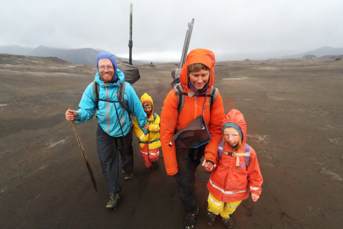 Erin, Hig, Katmai, and Lituya walk across Okmok Caldera.