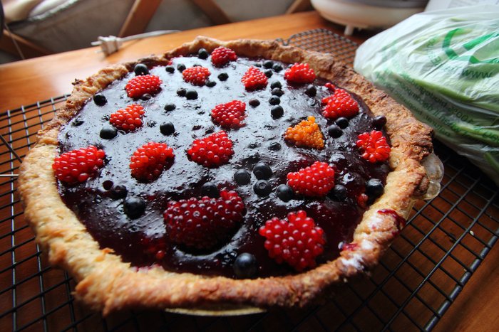 Salmonberries and blueberries make a fresh berry pie