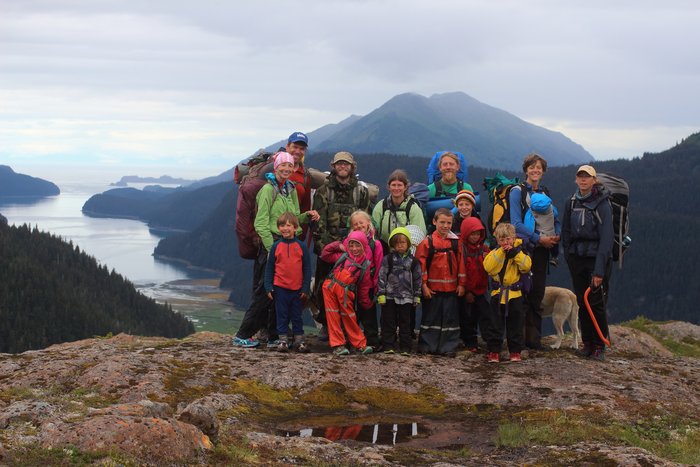 Seldovia kids hiking group poses on Lunch Mountain