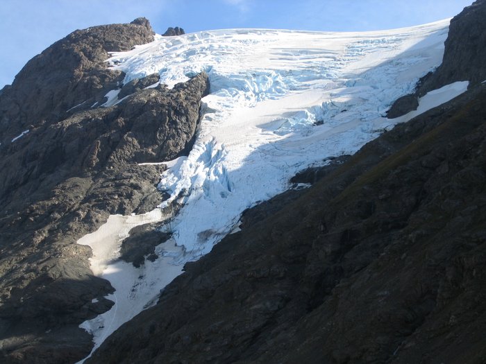 A small (and shrinking) hanging glacier in the mountains near Tutka Bay.
