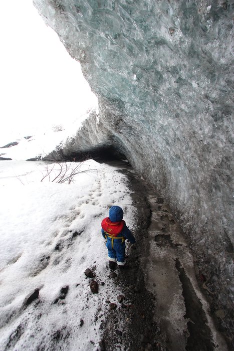 Katmai follows the ice wall, heading into a cave.  