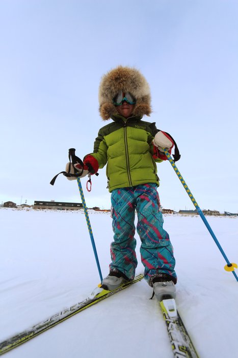 Katmai practicing cross-country skiing on the sea ice near Nome.