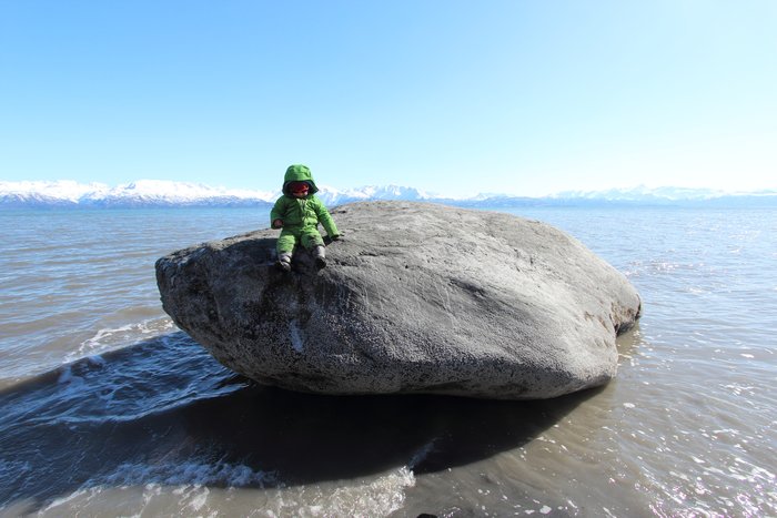 A giant boulder left by long vanished glaciers, one of many, sits on the beach near Homer, Alaska.