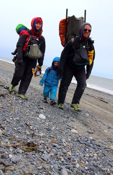 Erin, Hig, Katmai and Lituya walking the Cook Inlet coast near Deep Creek.