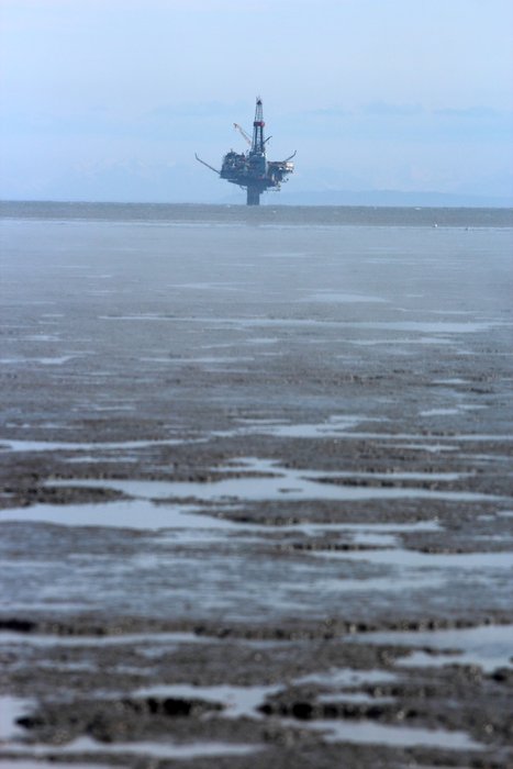 Monopod oil rig beyond the mudflats