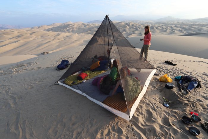 Rain is almost certain not to fall on these high dry dunes in Peru, so we set up just using the liner of our MLD mid.