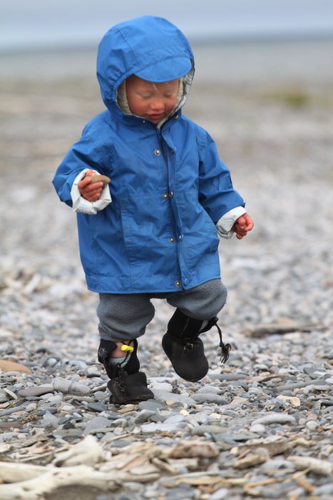 Homemade neoprene booties shod a toddler that stepped in lots of puddles.