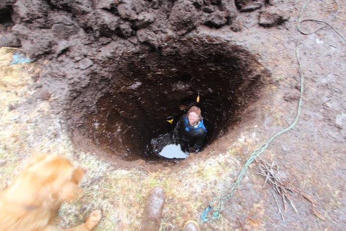 Hig dug a hole straight down over 9 feet, stopping when groundwater was accumulating too quickly to keep up.