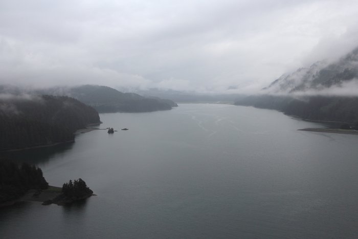 Seldovia Bay from the air on a cloudy day.