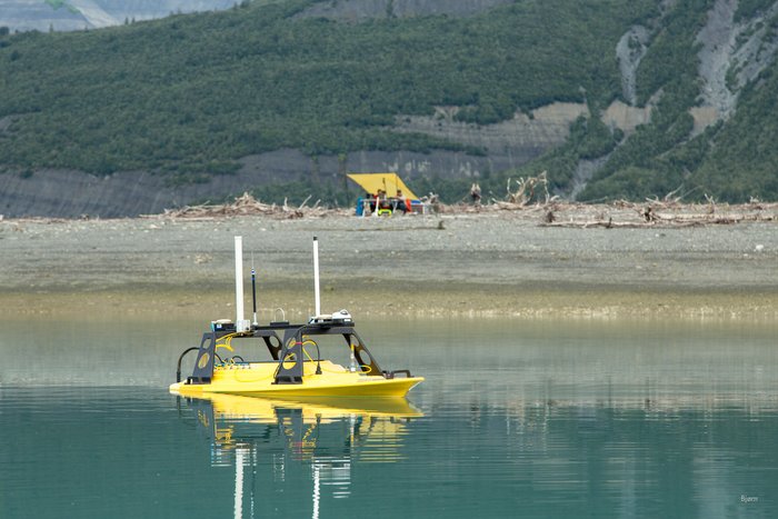 This small, remote control boat, maps the sea floor in front of the Taan Fjord camp. This area is full of kettles and was overrun with sediment from the October, 2016 landslide generated tsunami. 
