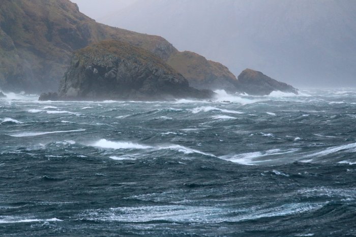Winds around 50 knots, gusting to 70, on the shores of the Barren Islands in Alaska.