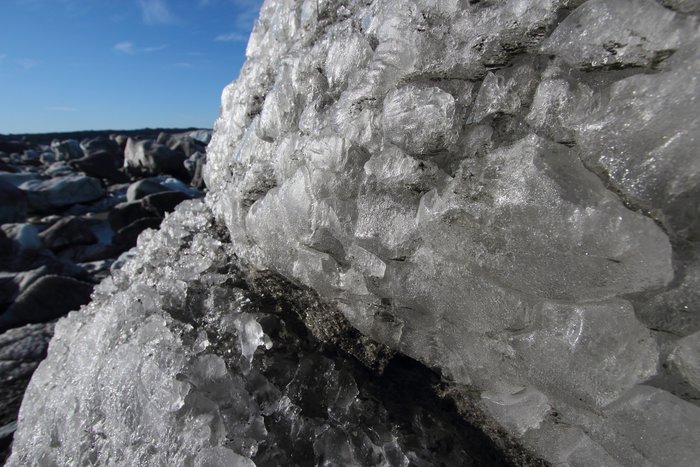 Giant ice crystals reveal themselves in sun-melted ice.