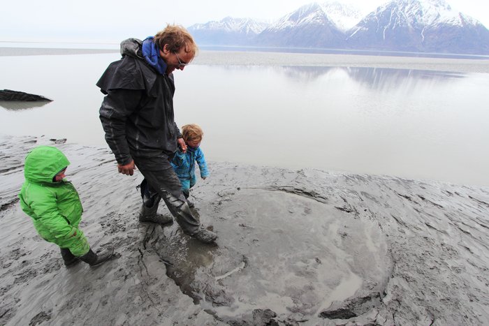 By jumping on the silty shore of Turnagain Arm we created a pool of liquefied mud.