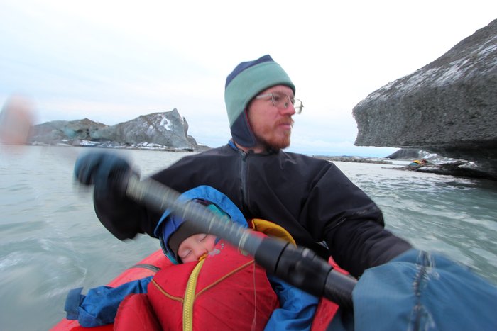 Katmai slept beneath the swing of Hig's Paddle as we skirted the ice-cliff edge of Malaspina Lake.