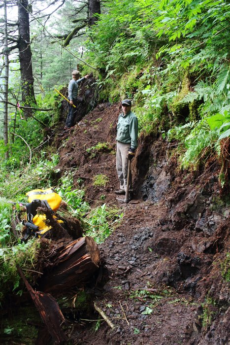 A near-vertical rock slope covered in brush was one of the first obstacles we confronted building the trail up from Taylor Bay. 