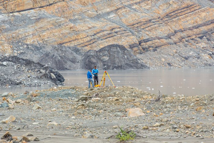 The marine survey crew works from the Western shore of Taan Fjord, near the glacier snout, atop landslide debris. Over the course of a week, the marine survey team mapped several shallow-water locations but most importantly near Tyndall Glacier, where the landslide occurred. 