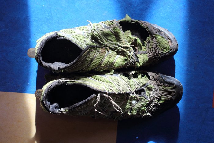 Hig wore these Inov8 Bare-Grip "barefoot-style" running shoes around Cook Inlet, repairing them many times.  The soles are still in pretty good shape though.